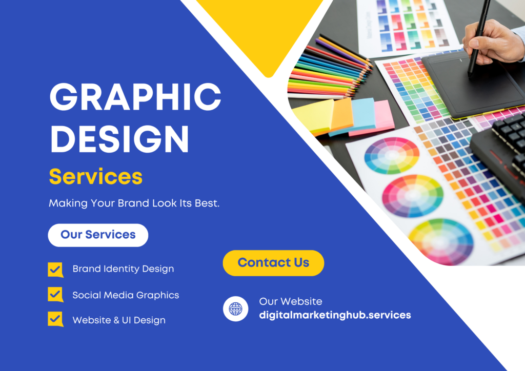 blue yellow modern graphic design services poster